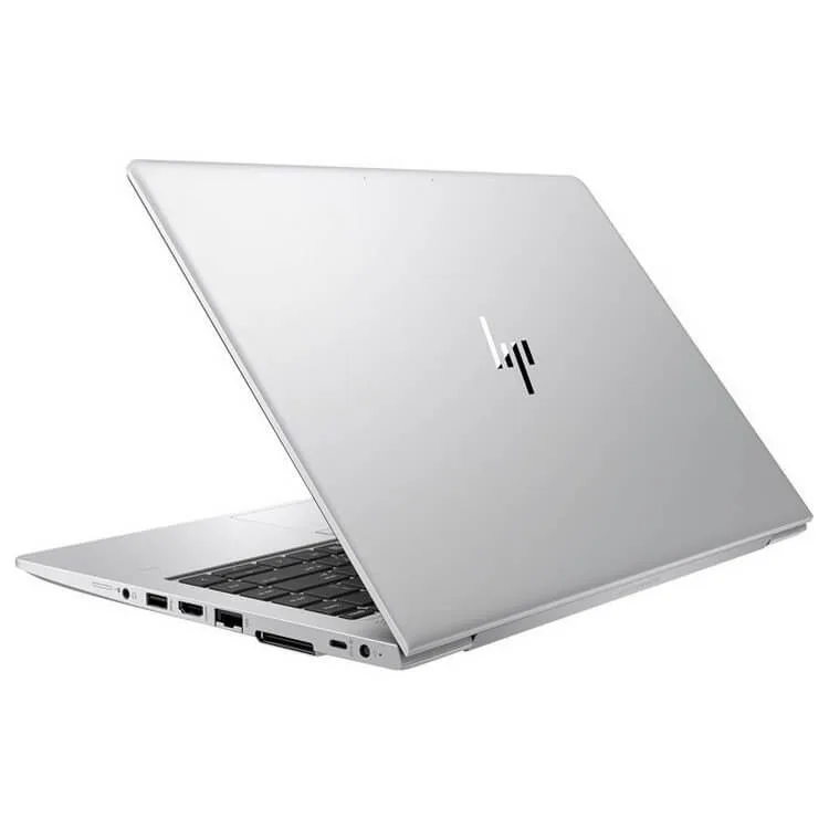Ordinateur portable HP gris ouvert back view.