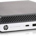 Portable ordinateur bureau HP EliteDesk compact, performant, idéal pour entreprise et télétravail, avec ports USB et HDMI, design moderne en gris foncé et blanc.