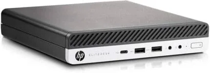 Portable ordinateur bureau HP EliteDesk compact, performant, idéal pour entreprise et télétravail, avec ports USB et HDMI, design moderne en gris foncé et blanc.