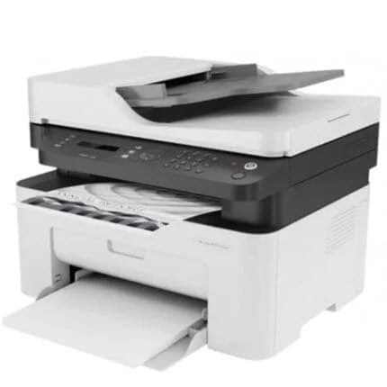Imprimante multifonction laser A4 avec scanner, copieur et fax, technologie moderne pour bureautique, idéale pour entreprises et administrations.