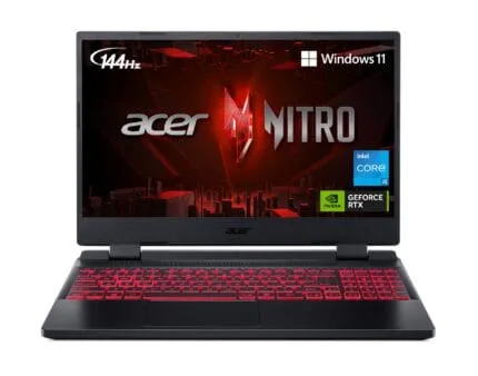 Acer Nitro gaming laptop with Windows 11, Intel Core i5, NVIDIA GeForce RTX, 144Hz display, designed for high-performance gaming and multimedia use.