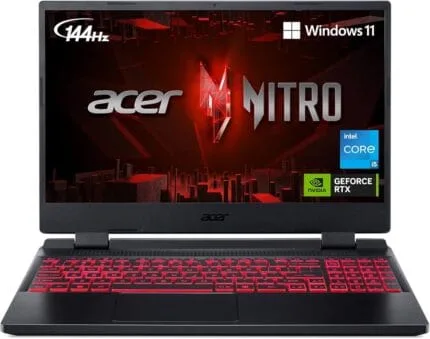 Acer Nitro Gaming Laptop with Windows 11, Intel Core i5, GeForce RTX, 144Hz refresh rate, clavier rétroéclairé rouge, parfait pour gaming et création multimédia.