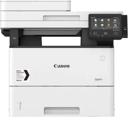 Impression multifonction couleur Canon avec écran tactile et connectivité réseau.