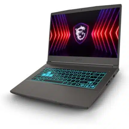 Ordinateur portable gaming MSI avec clavier rétroéclairé, adapté pour jeux vidéo et performances élevées.