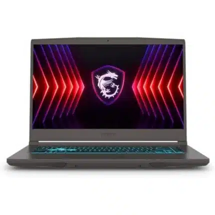 MSI gaming laptop avec éclairage RGB et logo de dragon, idéal pour le gaming et la performance.