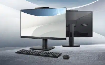 Écran informatique professionnel ASUS avec clavier et souris, idéal pour le bureau et le télétravail, haute performance et design moderne.