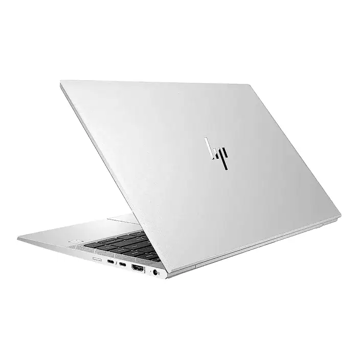 Ordinateur portable HP en aluminium gris avec clavier rétroéclairé et ports USB-C et HDMI, parfait pour un usage professionnel ou personnel.