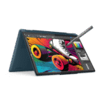 Graphisme dynamique d'une tablette 2-en-1 avec stylet, affichant une illustration de skateboard en couleurs vives, parfait pour le design numérique ou la création artistique.