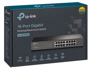 16-port gigabit switch TP-Link pour bureau et salle serveur, équipements réseau pour entreprise, connectivité fiable et performante.