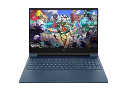 Ordinateur portable gaming avec écran affichant un jeu vidéo d'action coloré, technologie avancée, idéal pour les gamers, configuré pour une performance optimale, destiné aux amateurs de jeux vidéo.