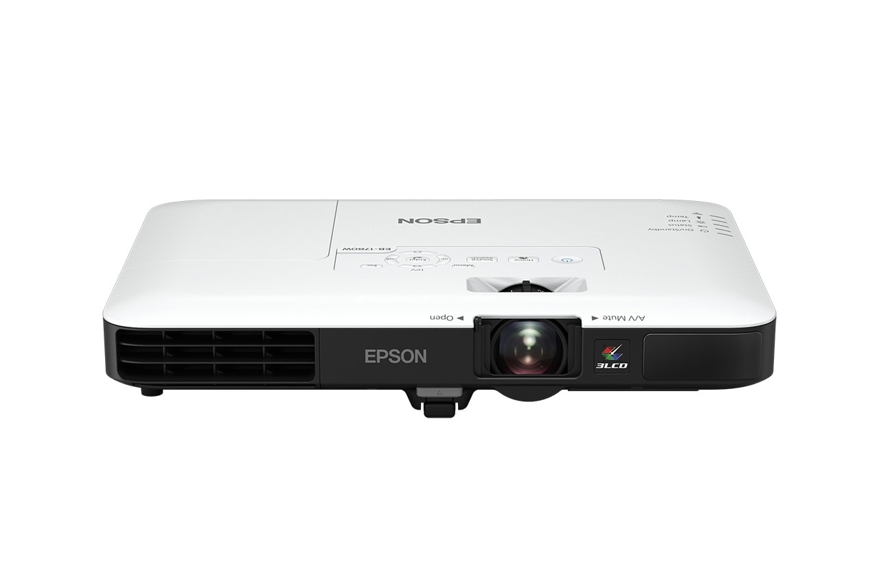 Projecteur Epson blanc avec lentille et commandes, idéal pour présentations professionnelles et éducatives en Afrique, matériel de déstockage à prix réduit.