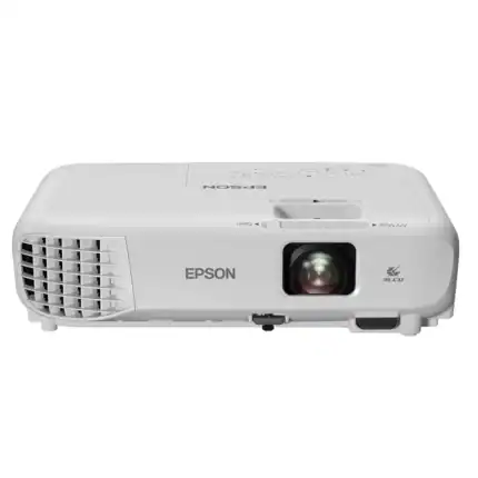 Écran de vidéoprojecteur Epson blanc avec objectif et ventilation intégrée. Idéal pour présentations professionnelles et projections à domicile avec une qualité d'image 3LCD.