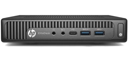 Clavier HP EliteDesk, ordinateur compact pour entreprise, ports USB et audio pour configuration bureautique ou télétravail. Design robuste et performance fiable.