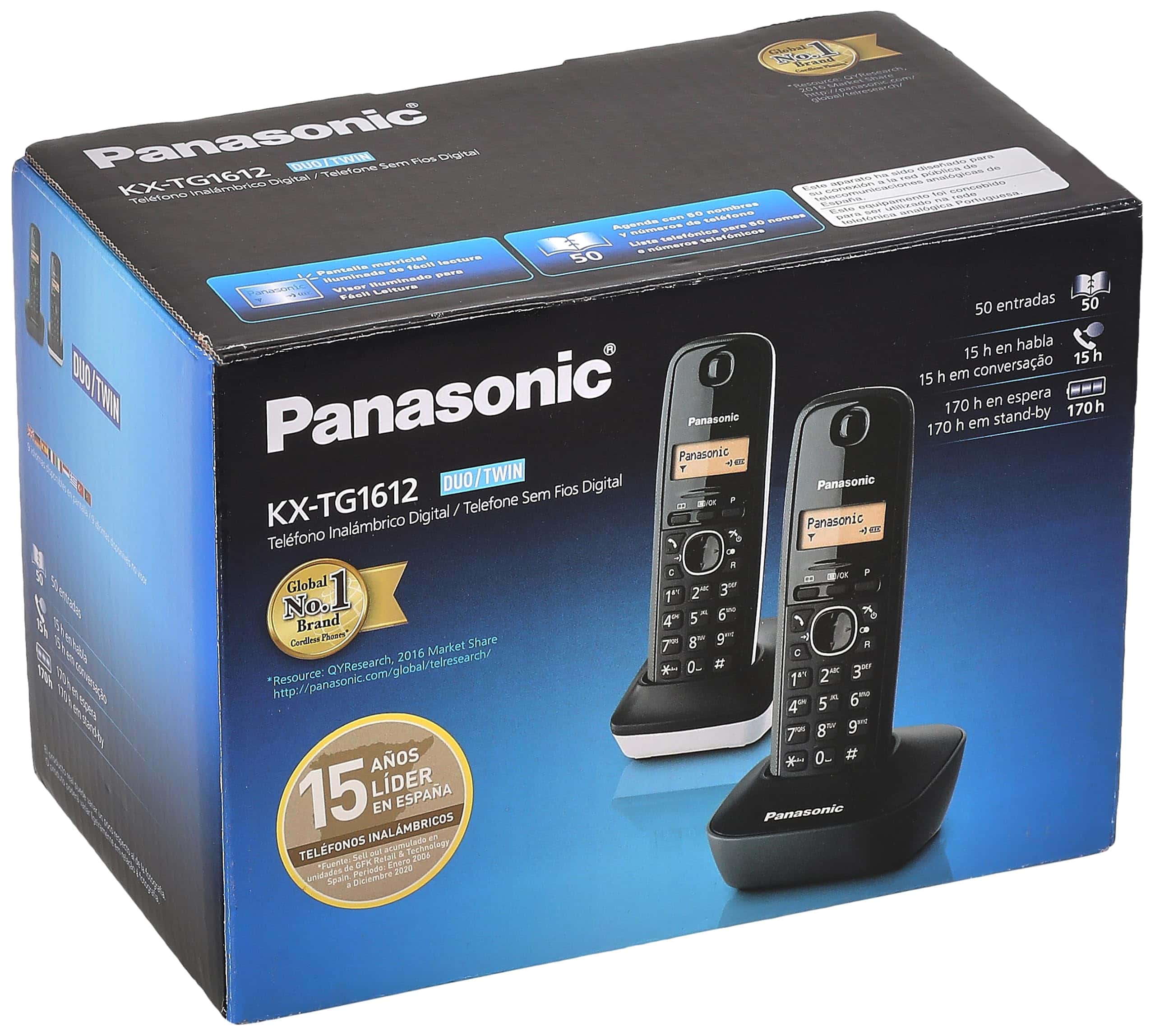 54- Alt text: Téléphone sans fil Panasonic KX-TG1612 en boîte, appareil numérique sans fil, design moderne et fonctionnalités avancées pour communication claire.