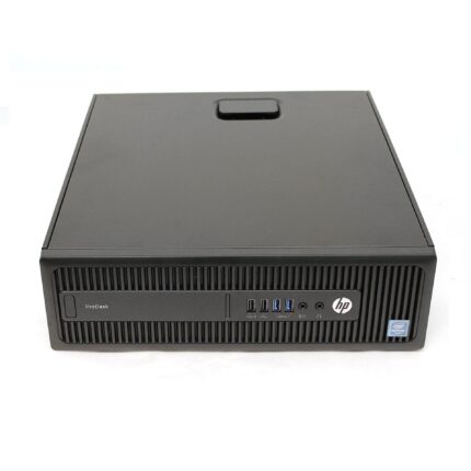 Ordinateur de bureau HP ProDesk compact avec ports USB, lecteur de carte SD et design professionnel, idéal pour bureau et entreprise.