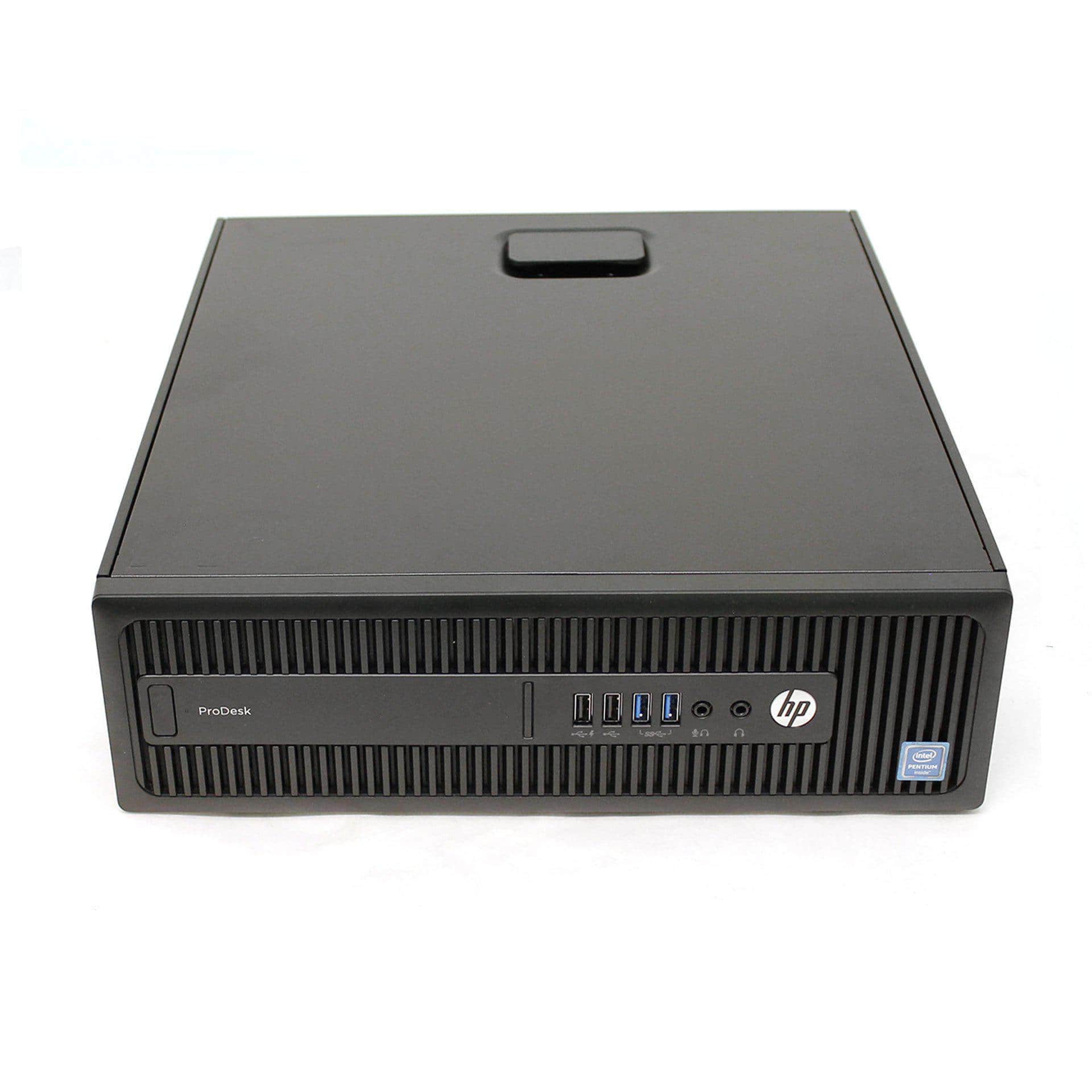 Ordinateur de bureau HP ProDesk compact avec ports USB, lecteur de carte SD et design professionnel, idéal pour bureau et entreprise.