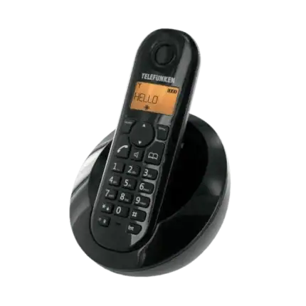 Téléphone fixe sans fil Telefunken avec base de chargement, design moderne, idéal pour la communication domestique.