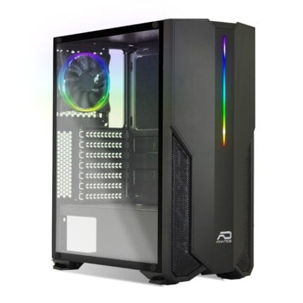 Pc gamer case with RGB lighting, tempered glass side panel, high airflow design, modern black tower gaming case, compatible with all gaming setups.