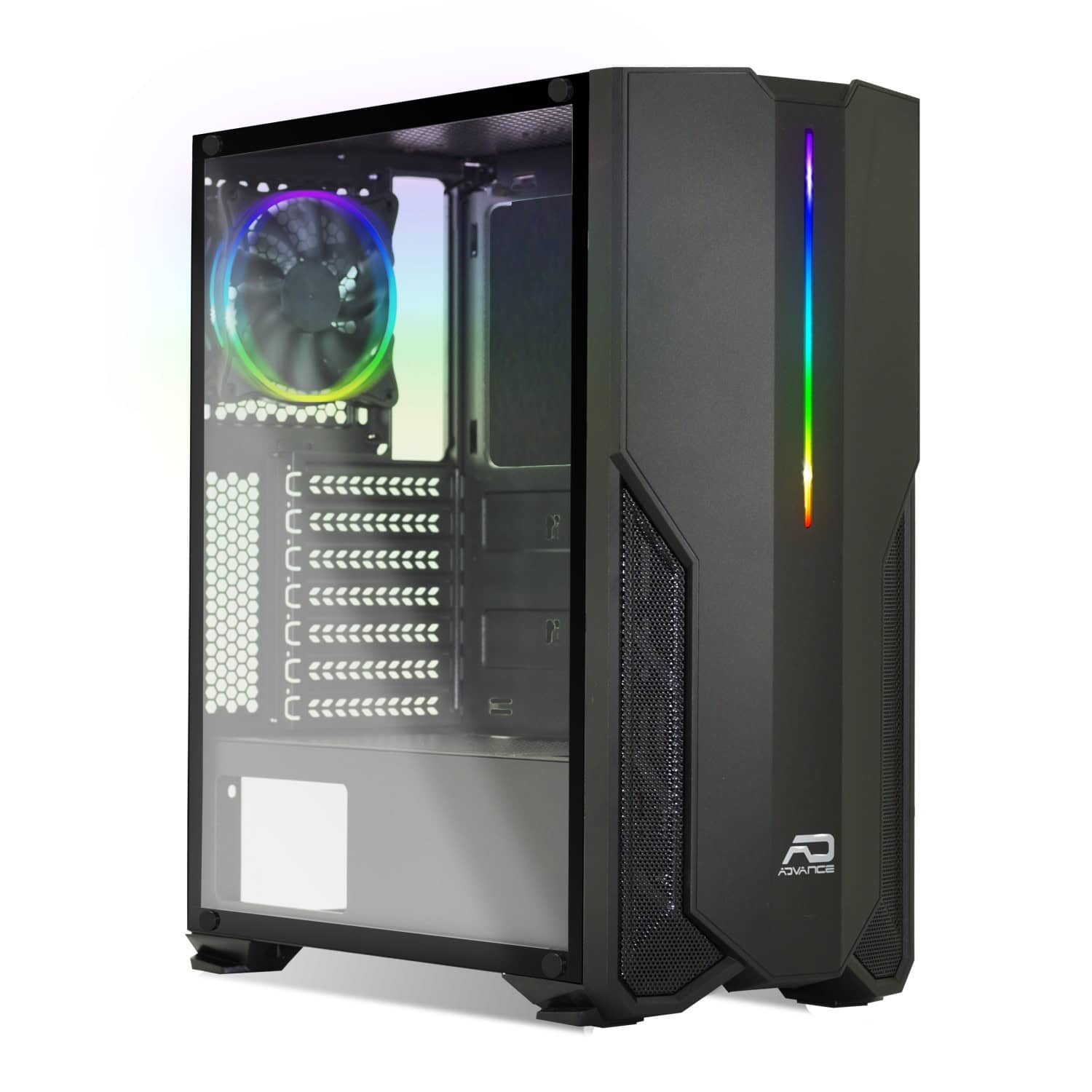 Pc gamer case with RGB lighting, tempered glass side panel, high airflow design, modern black tower gaming case, compatible with all gaming setups.
