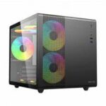 Ventirad PC gaming avec éclairage RGB, boîtier PC noir, matériel informatique, refroidissement efficace, style moderne.