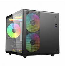 Ventirad PC gaming avec éclairage RGB, boîtier PC noir, matériel informatique, refroidissement efficace, style moderne.