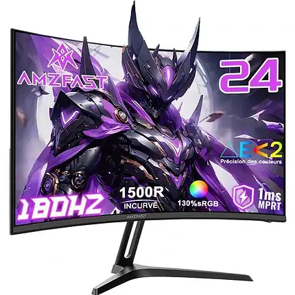 Amzfast écran incurvé 1500R 24 pouces, moniteur gaming avec résolution 180Hz, technologie FreeSync, couleurs vives, temps de réponse 1ms MPRT, idéal pour jeux vidéo et bureautique, compatible RG.