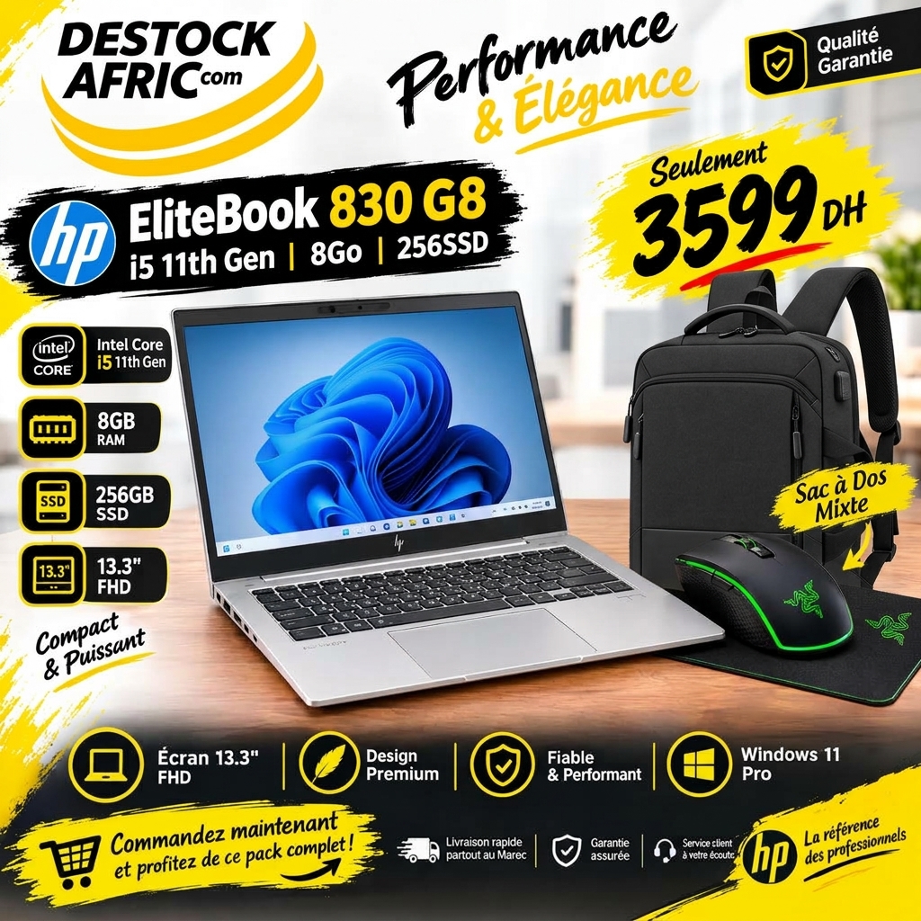 HP EliteBook 830 G8 avec sac à dos et souris Razer